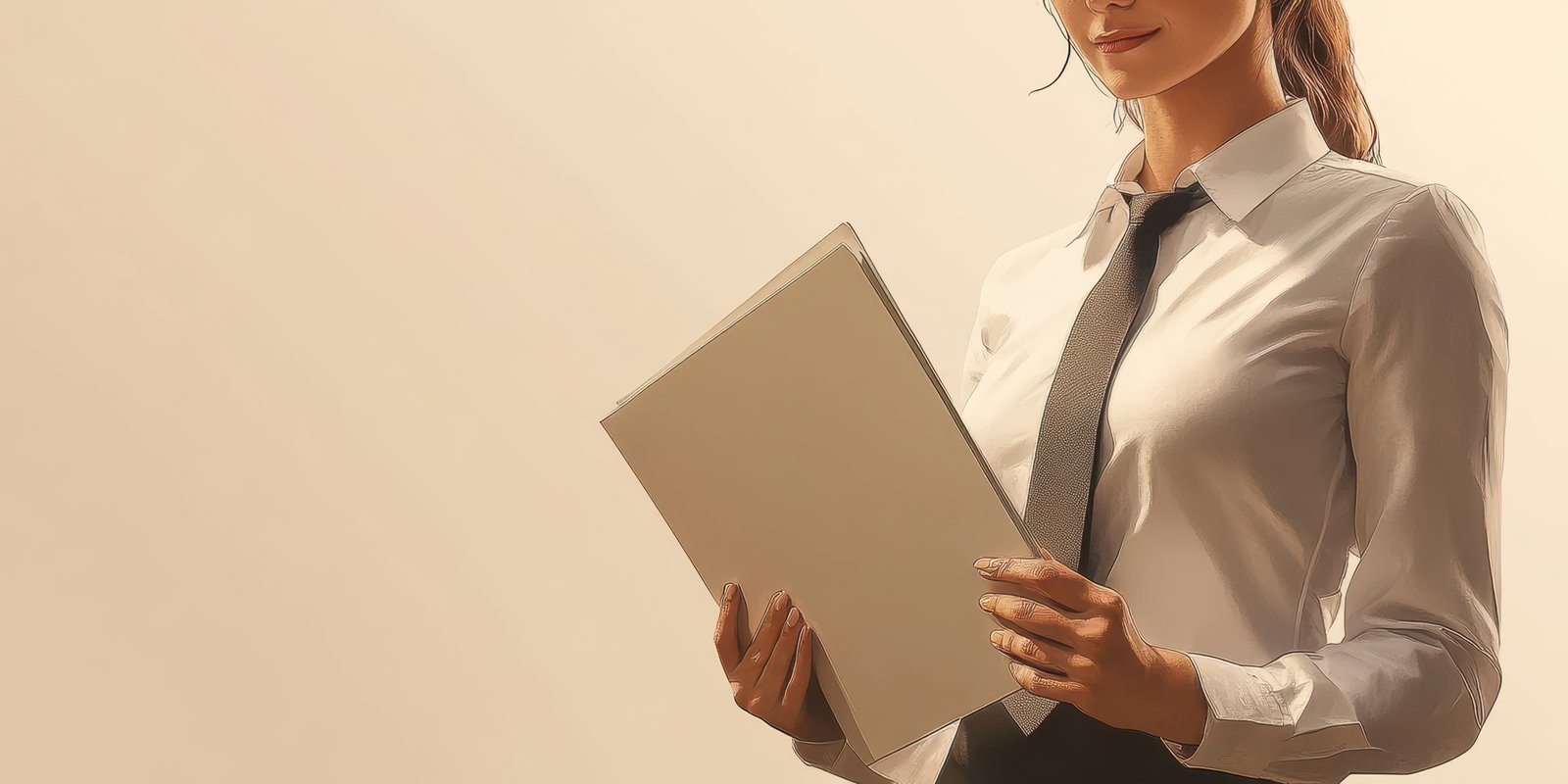 Professional woman in attire holding blank document in a neutral environment during daytime